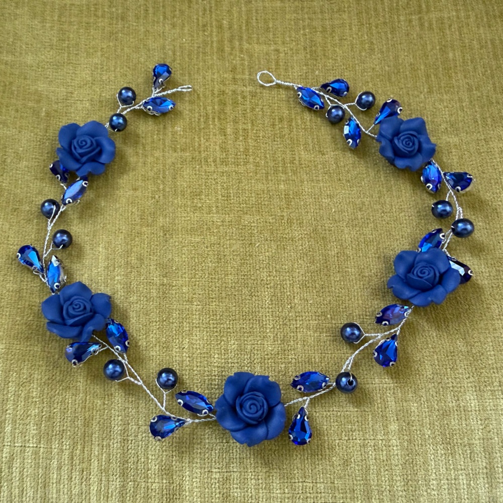 Blue Floral Hair Garland, hair vine blue roses